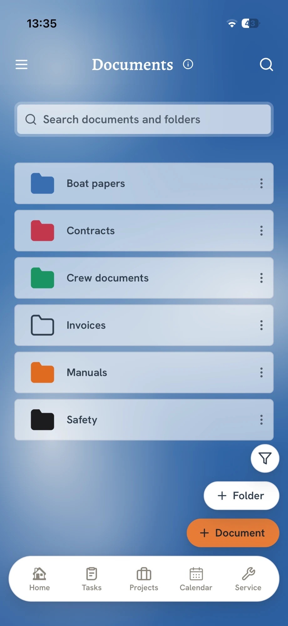 The Documents screen in the app: a search bar and colour-coded folders such as boat papers, contracts, crew documents, invoices, manuals and safety, with add-folder and add-document buttons