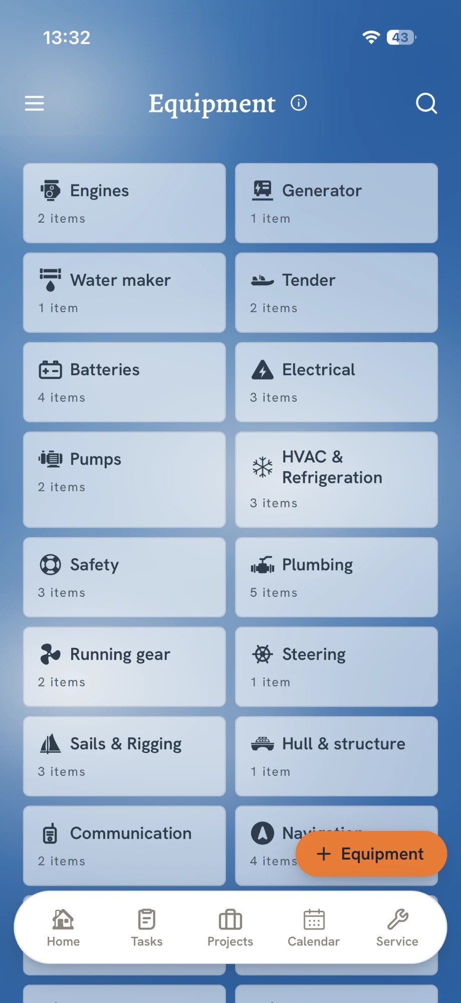 The Equipment screen in the app: equipment groups such as engines, generator, water maker and electrical, with item counts