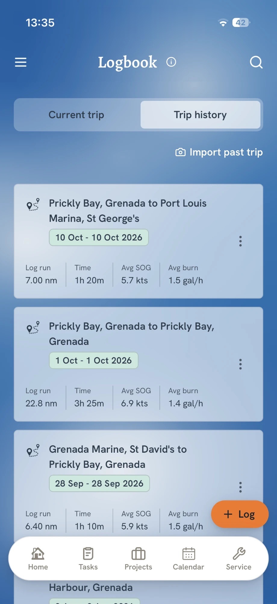 The Logbook screen in the app: trip history with each trip's route, dates, distance, time, average speed and fuel burn, and an add-log button