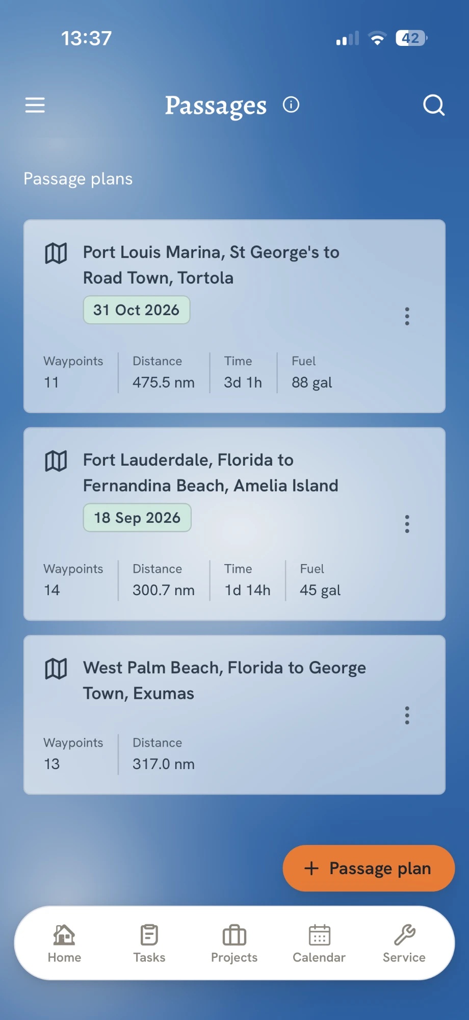 The Passages screen in the app: passage plans with date, number of waypoints, distance, time and fuel, and an add-passage-plan button